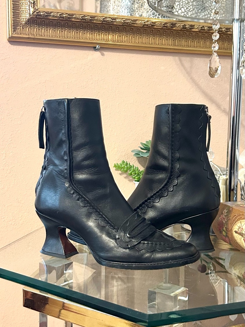 Alexa Chung Victorian Black Leather Boot with Decorative Scallop Trim Size 39